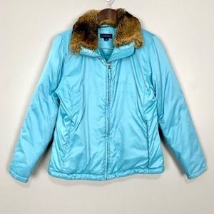 Lands End Goose Down Jacket Women’s Size S Faux Fur Collar Zip Front Pockets